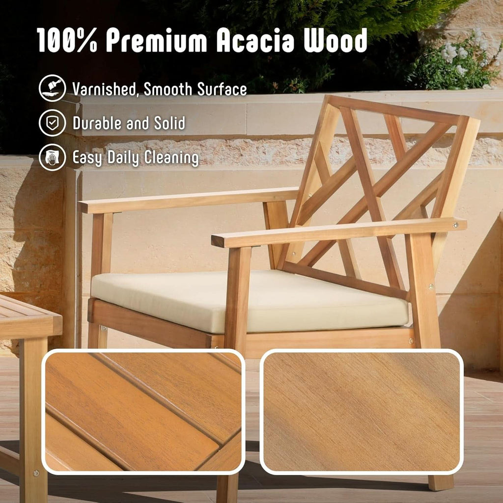 3 Piece Outdoor Patio Furniture Set Acacia Wood Cushioned Chairs And Coffee Table-2