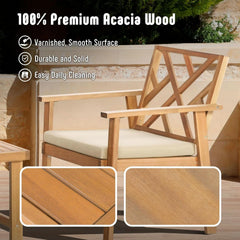 3 Piece Outdoor Patio Furniture Set Acacia Wood Cushioned Chairs And Coffee Table-2