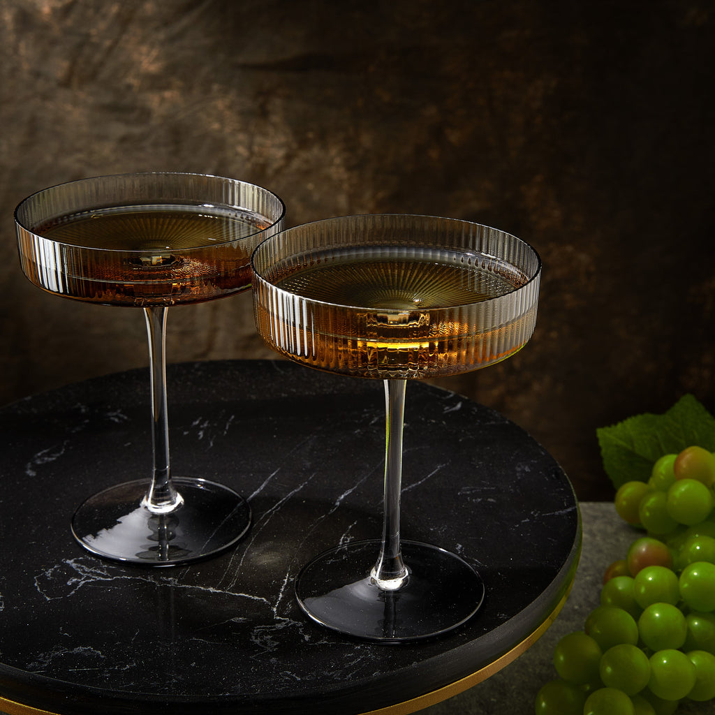 Ribbed Coupe Cocktail Glasses 8 oz | Set of 2 (Smoke Grey)-4