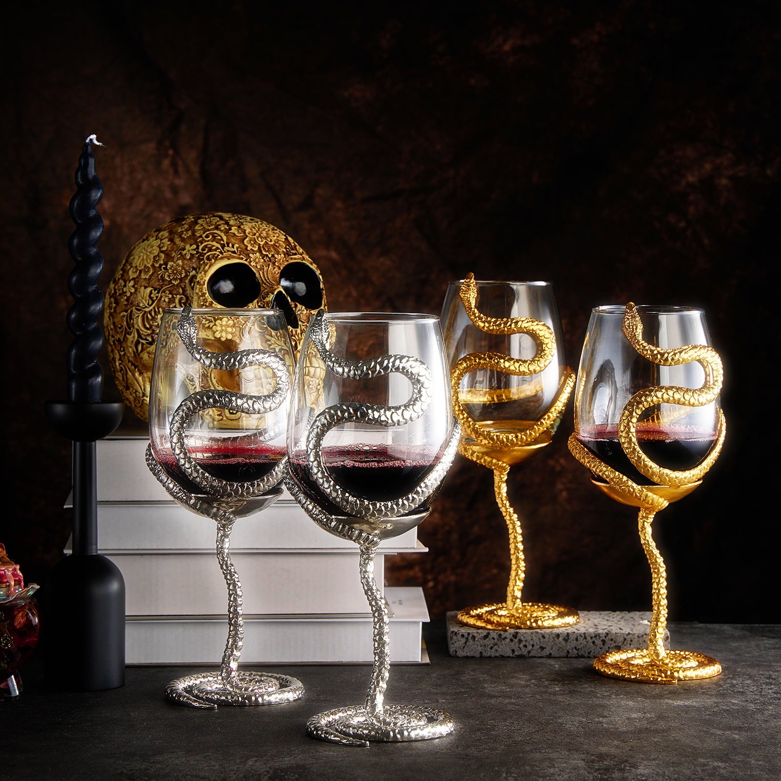 Stemmed Snake Wine Glass | SINGLE | 19oz Spooky Reptile Glasses 10" H (Silver)-2