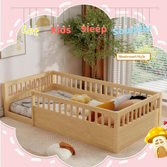 Twin Montessori Floor Bed With High Safety Rails Natural-2