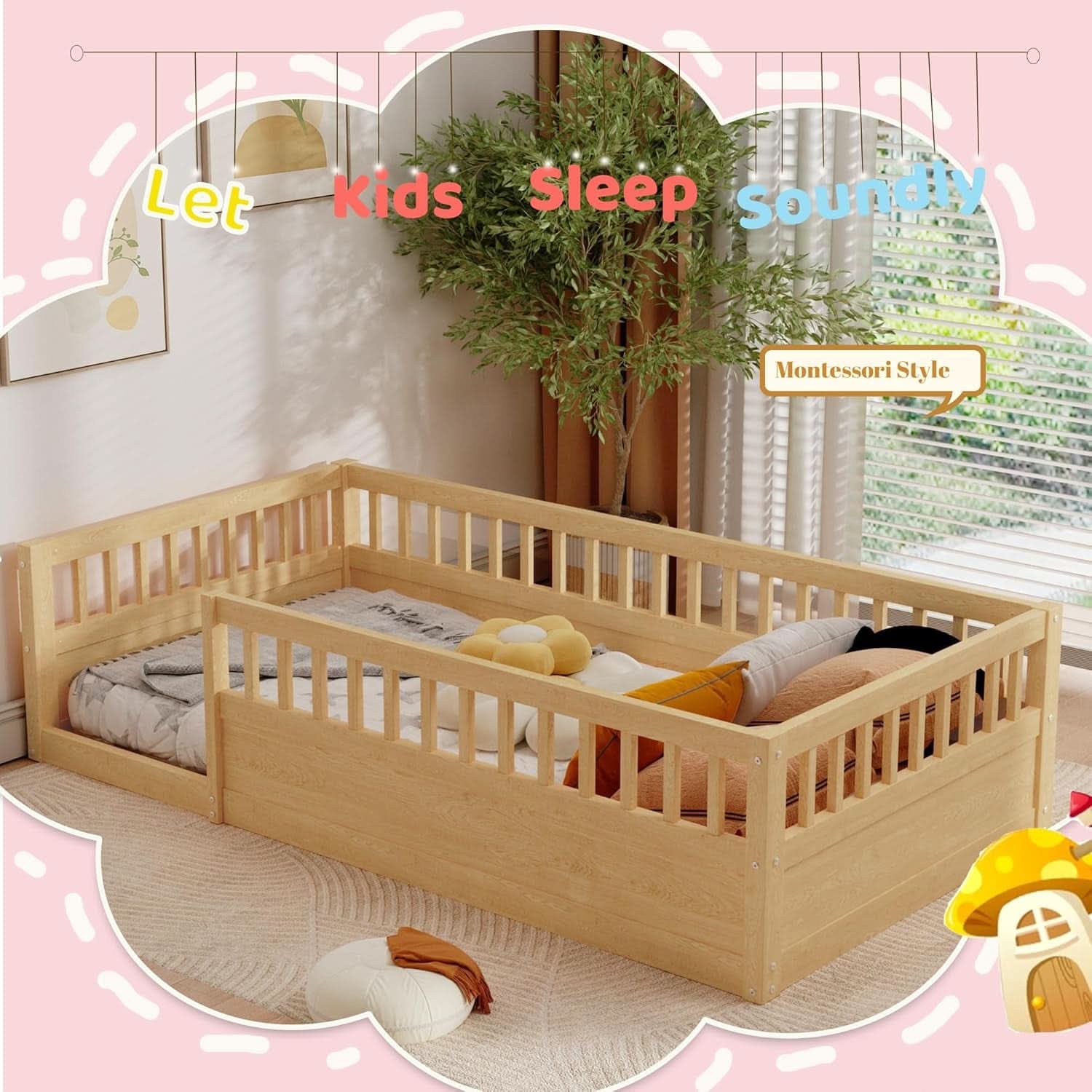 Twin Montessori Floor Bed With High Safety Rails Natural-2