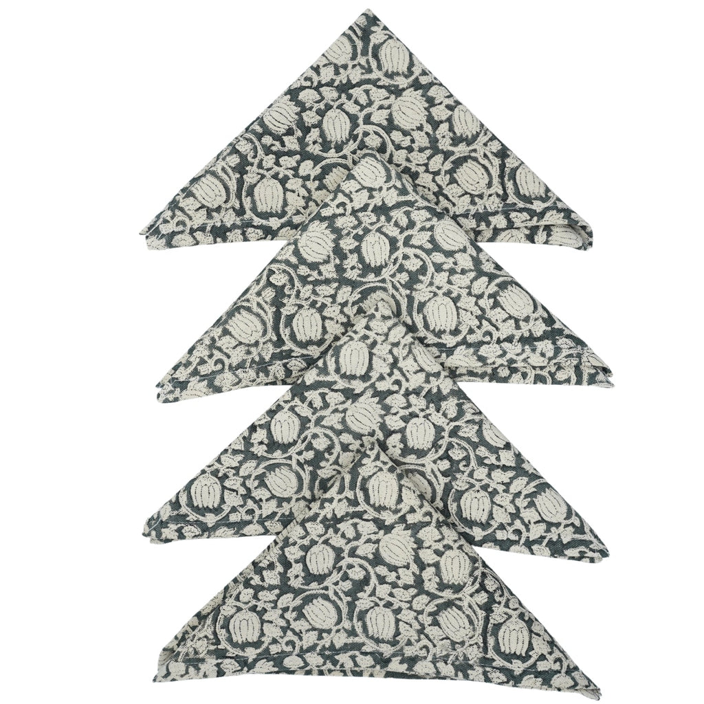 Set of 4 Floral Block Print Dinner Napkins-8 Kamal