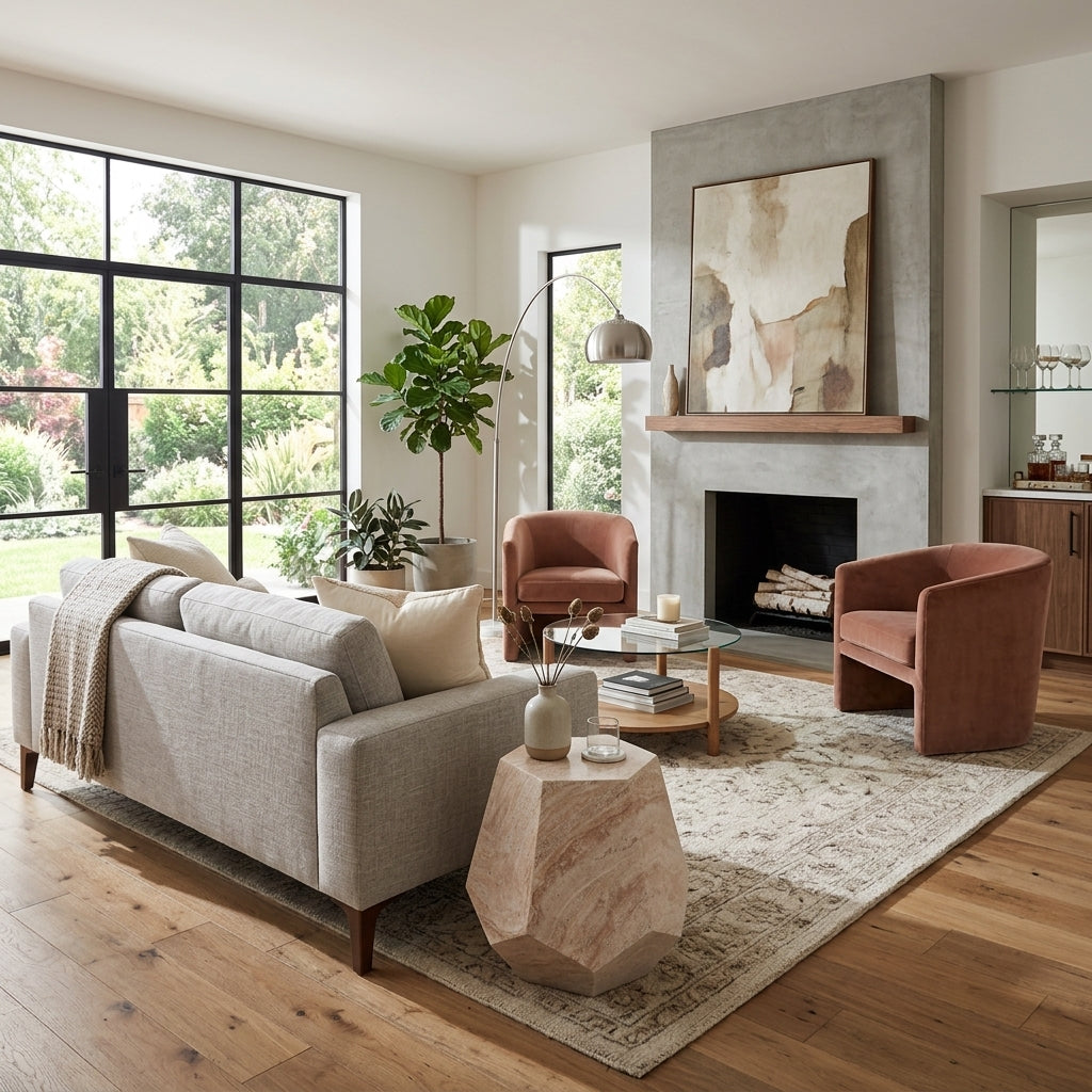 A styled living room featuring a light gray fabric sofa, two dusty rose armchairs, a geometric stone coffee table, a distressed beige area rug, and a concrete fireplace with abstract wall art.