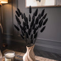 Black bunny tail grass dried flower stems arranged in a light beige ceramic swirl vase, set on a dark wooden table in a cozy room with a lit candle and a floor lamp in the background.