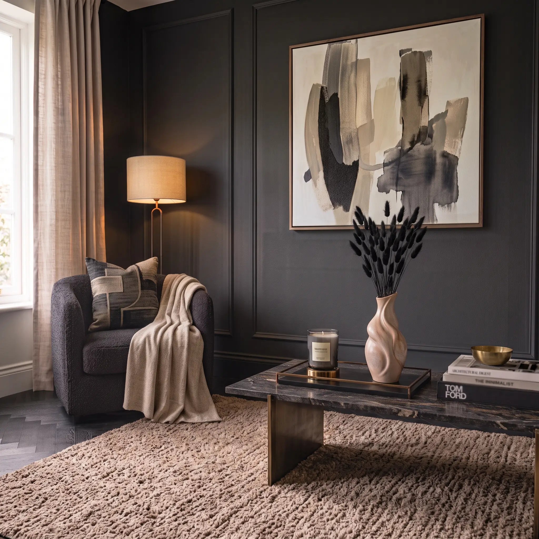A styled living room corner with dark charcoal paneled walls, a large abstract painting, a sculptural vase filled with Black Dried Bunny Tails a gray armchair with a cream throw, a black coffee table, and a textured beige rug.
