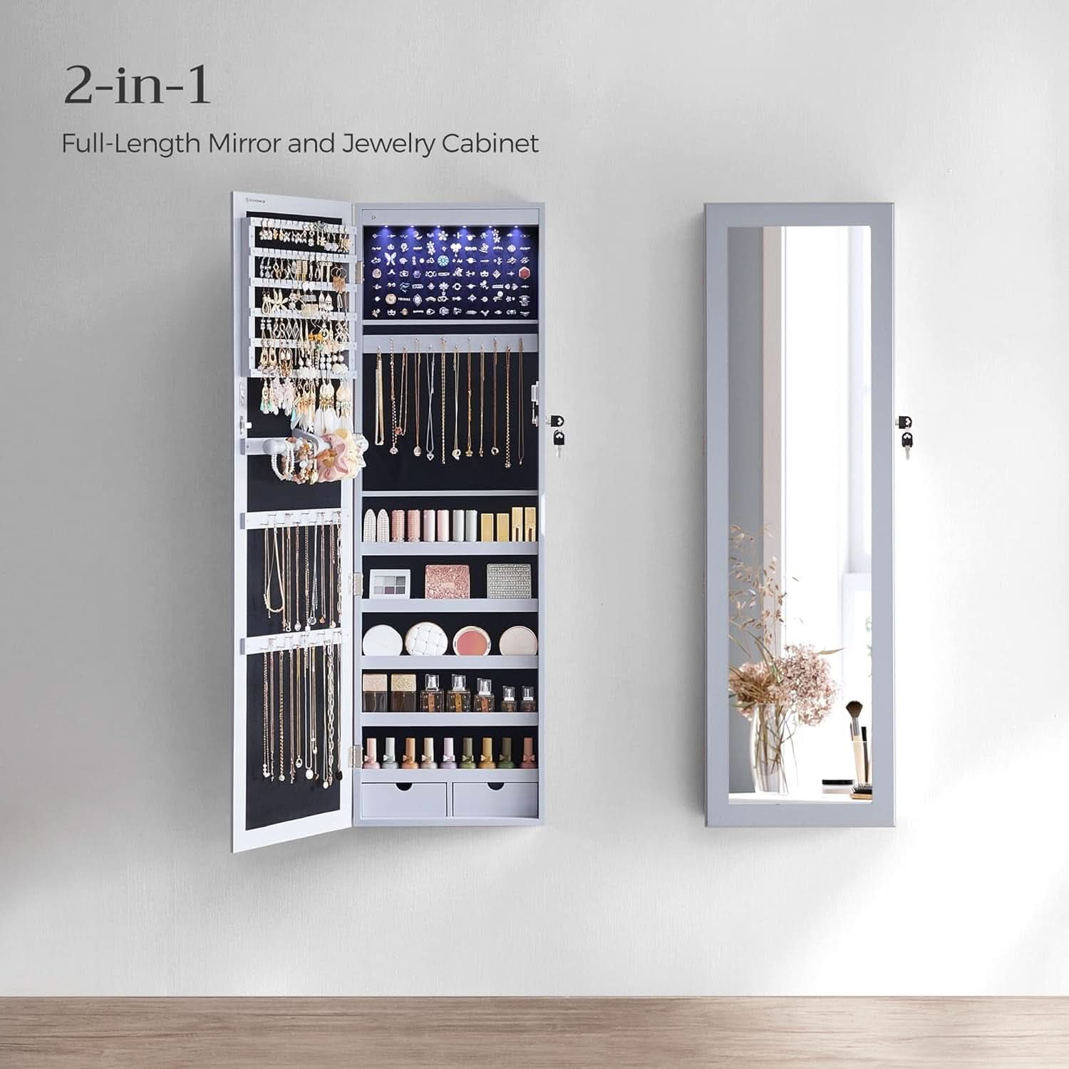 47.2 Inch Tall Lockable Jewelry Cabinet With Mirror Gray-1