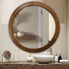 30 Inch Walnut Round Wall Mirror Rustic Style-2