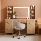 Oak Fluted Vanity Desk 60 Inch Tempered Glass Table top-0