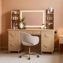 Oak Fluted Vanity Desk 60 Inch Tempered Glass Table top-0