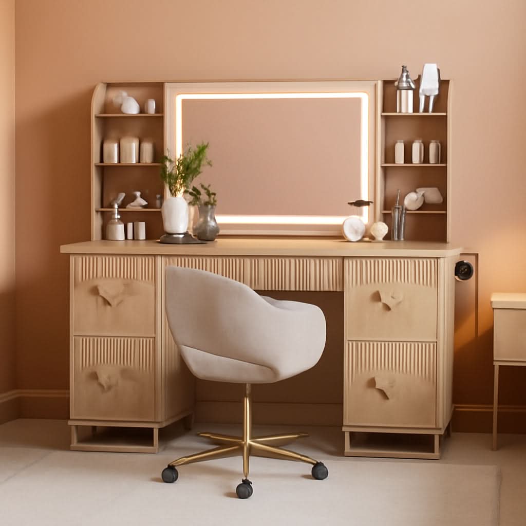 Oak Fluted Vanity Desk 60 Inch Tempered Glass Table top-0