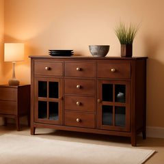 Pine Wood Sideboard Buffet Russet Brown Adjustable Shelves-0