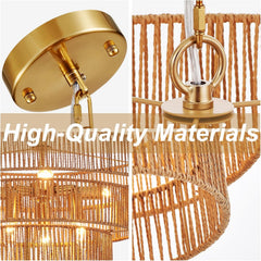 Gold Rattan Chandelier Nineteen Point Seven Inch Boho Chic-4