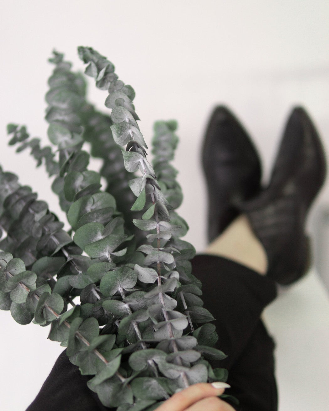 Person holding a bouquet of dried eucalyptus stems, black shoes in the background
