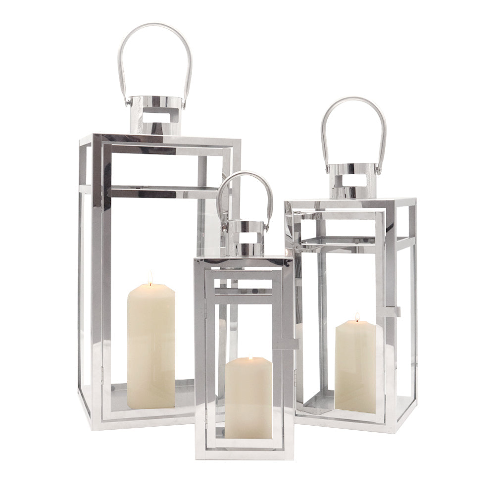 19''&15''&12'' H Stainless Steel Metal Candle Lantern  Candle Holder with Clear Glass Panels(Set of 3)-3