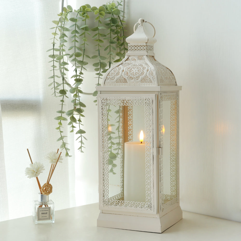 Rustic Metal Decorative Candle Lantern Hanging  Candle Holder with Tempered Glass(White)-2