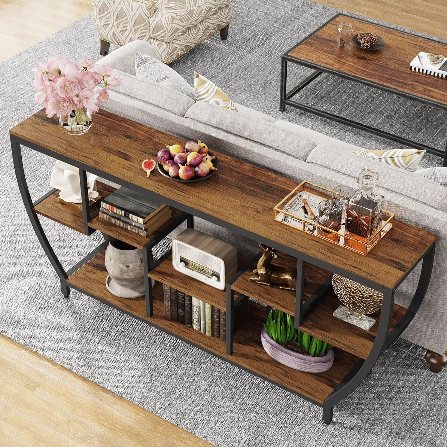 70.9 Inch Rustic Industrial Sofa Table Storage Shelves-3