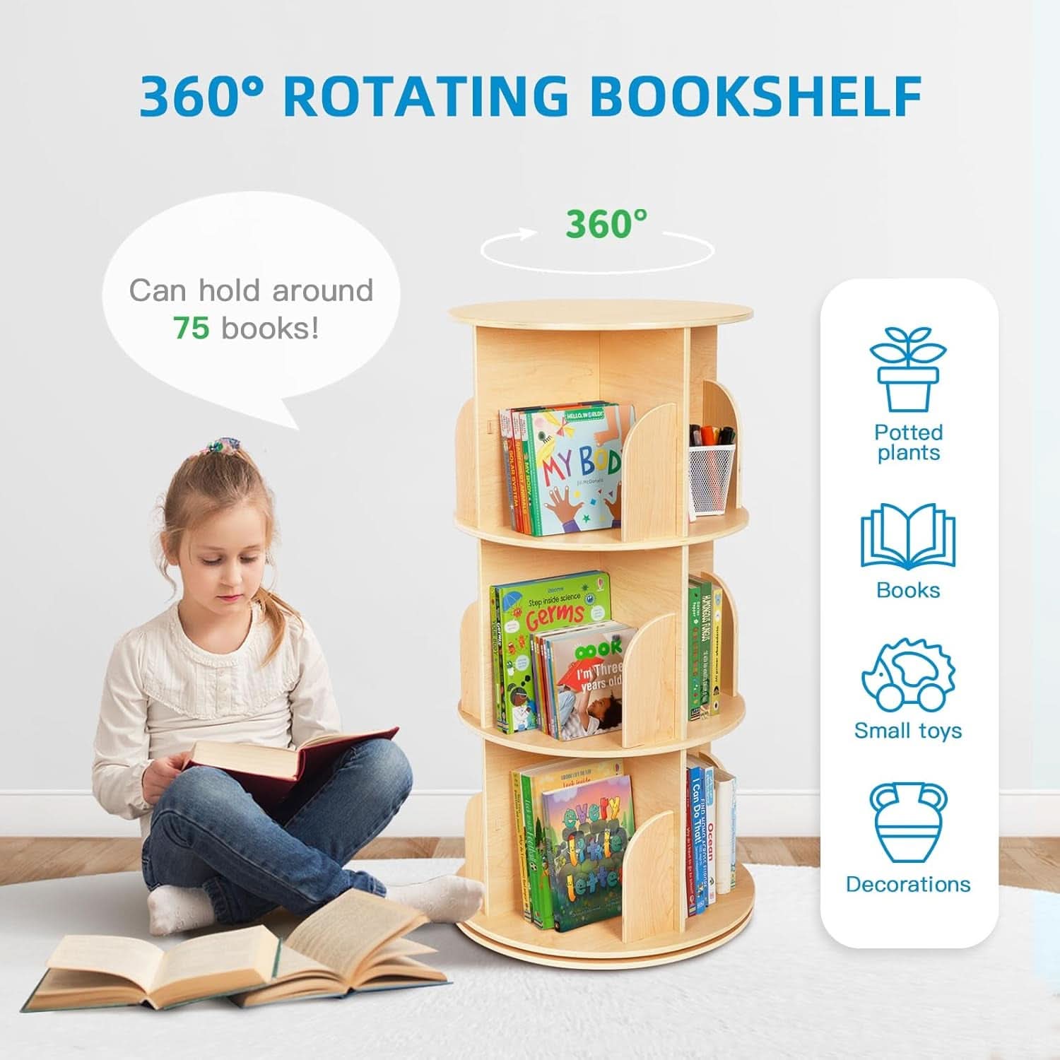 Kids Rotating Corner Bookshelf Three Tier Space Saver-4