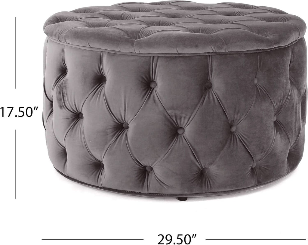 Grey Velvet Button Tufted Diamondlike Stitch Ottoman-2