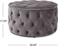 Grey Velvet Button Tufted Diamondlike Stitch Ottoman-2
