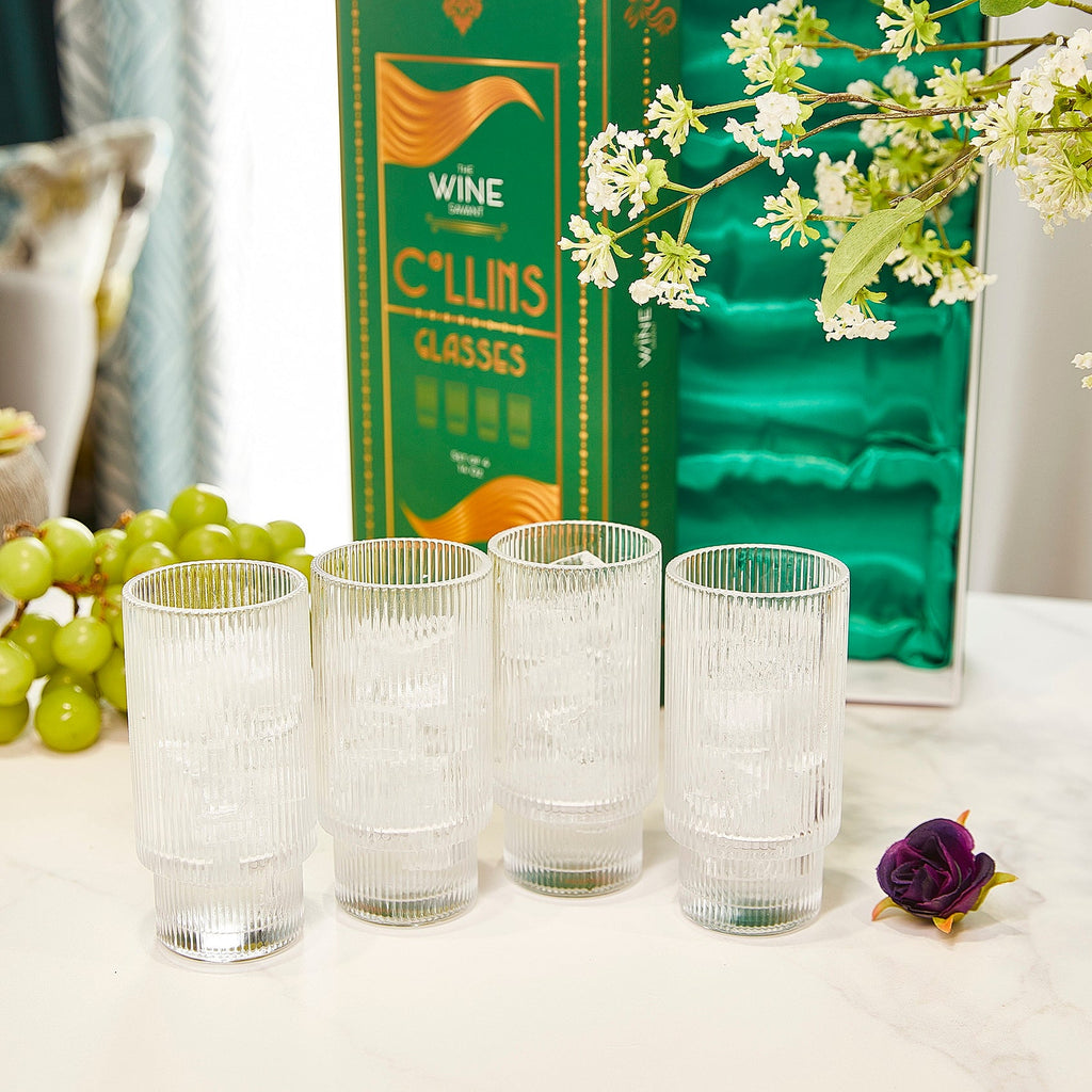 Vintage Art Deco Crystal Highball Ribbed Glass Set of 4 - 14oz-1