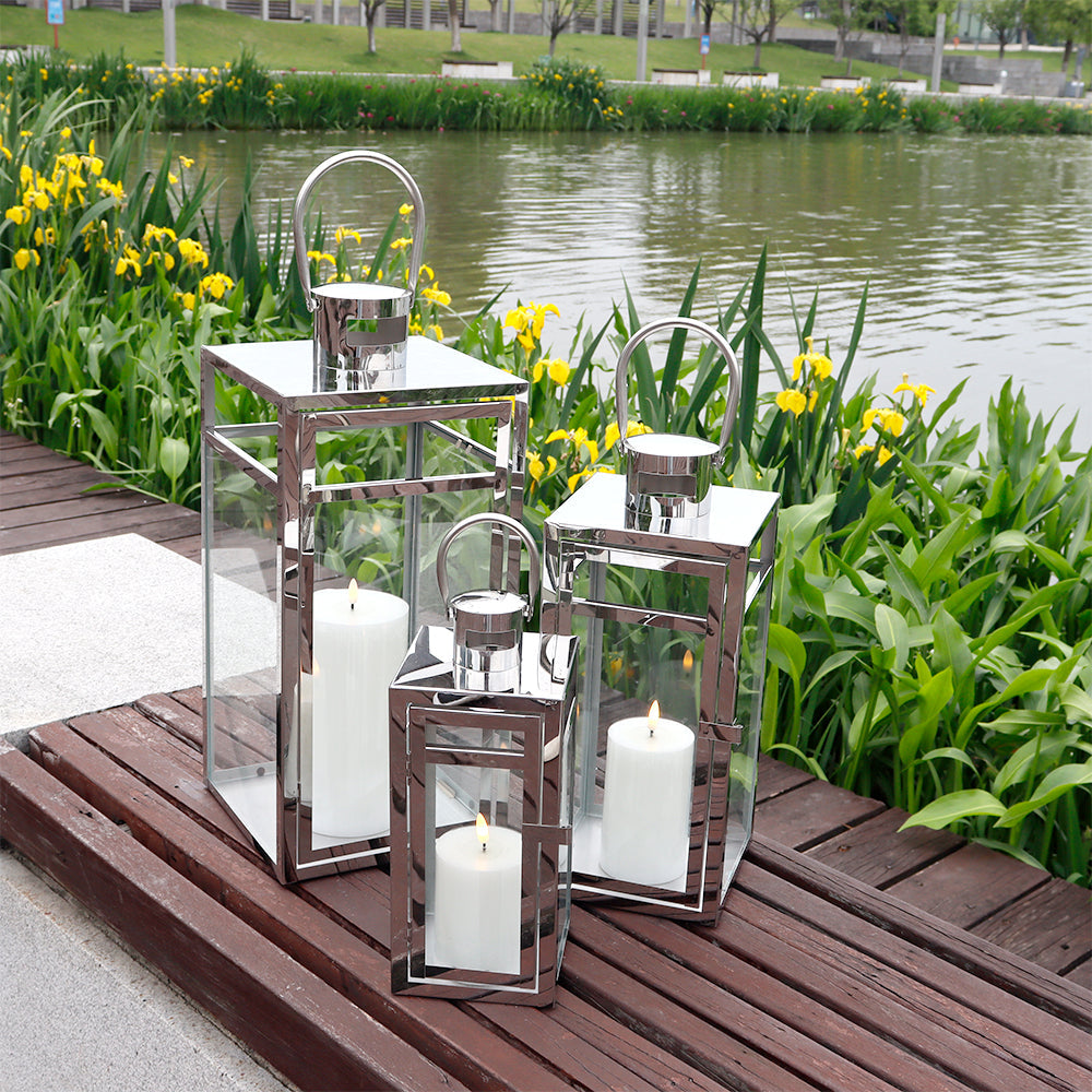 19''&15''&12'' H Stainless Steel Metal Candle Lantern  Candle Holder with Clear Glass Panels(Set of 3)-4