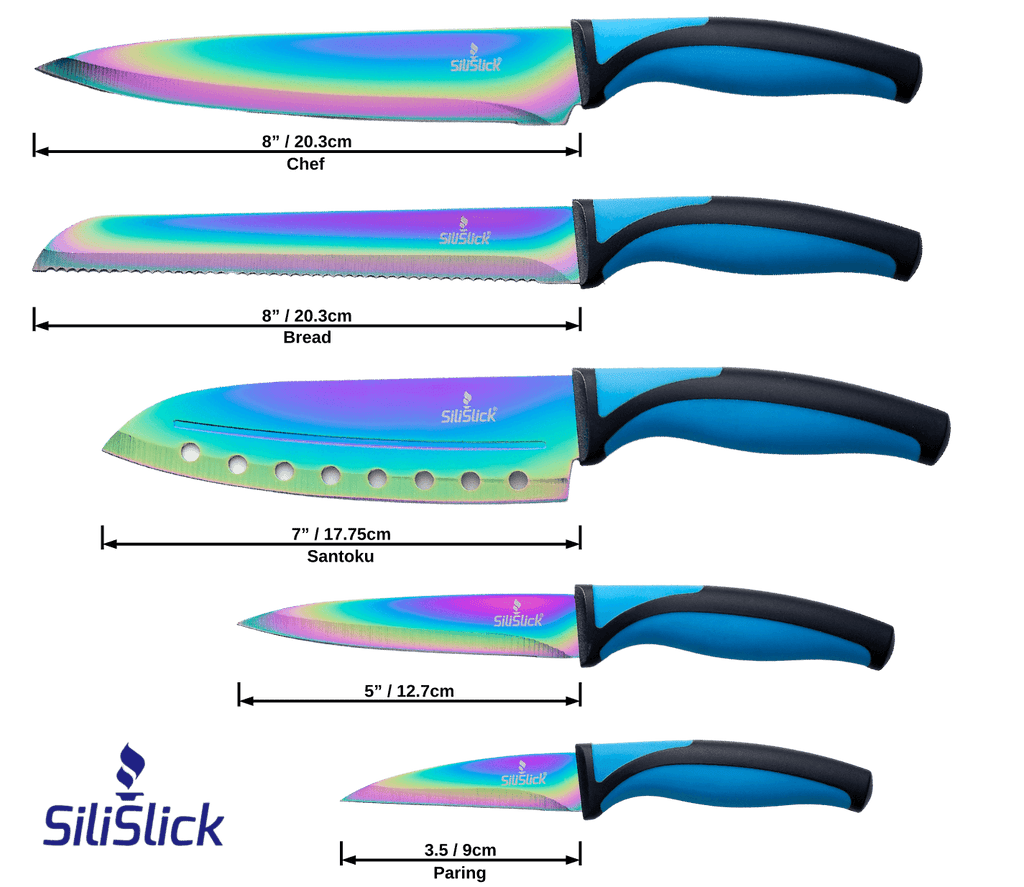 Kitchen Knife Set Kit | Blue Handle, Black Magnetic Rack & Sharpener