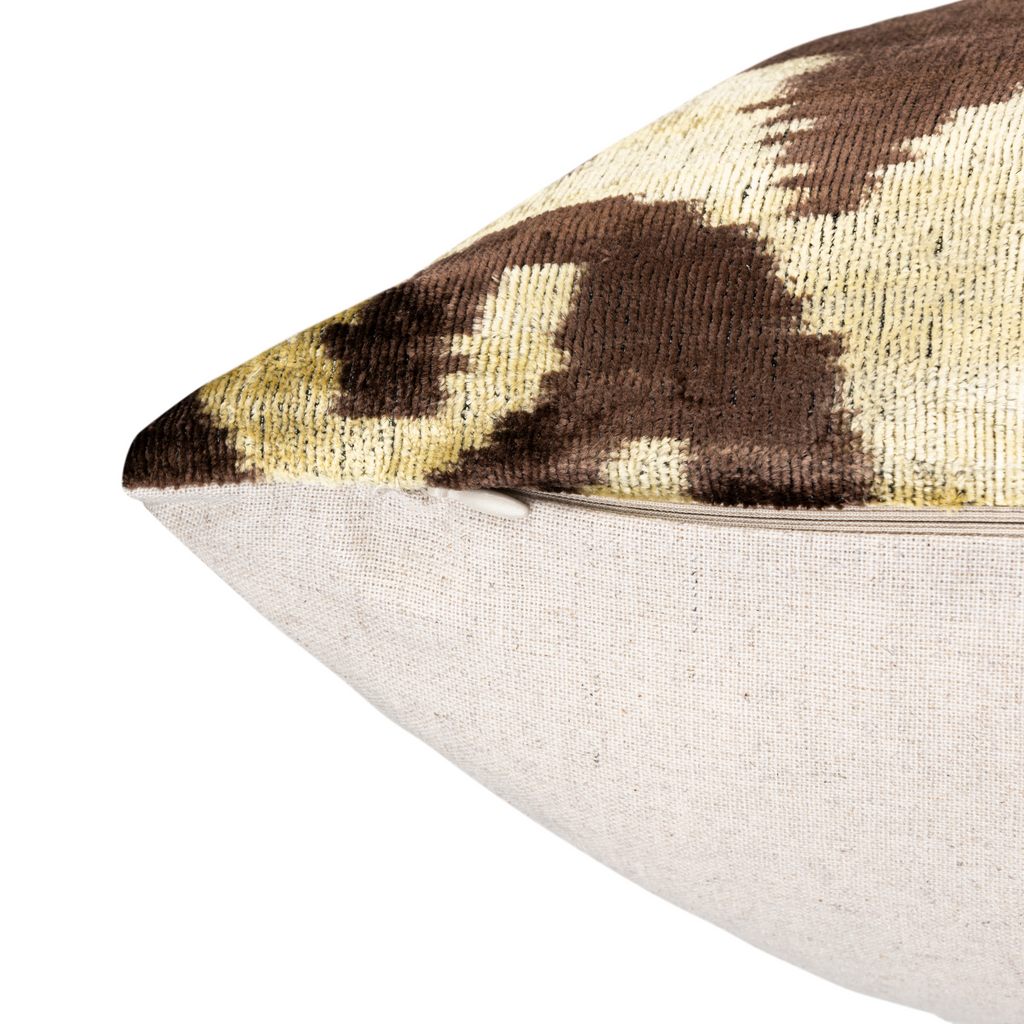 Handmade Velvet Pillow with insert – Olive & Brown Ikat Pattern, 16x24"