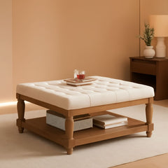 Ivory Upholstered Coffee Table With Hardwood Shelf-0
