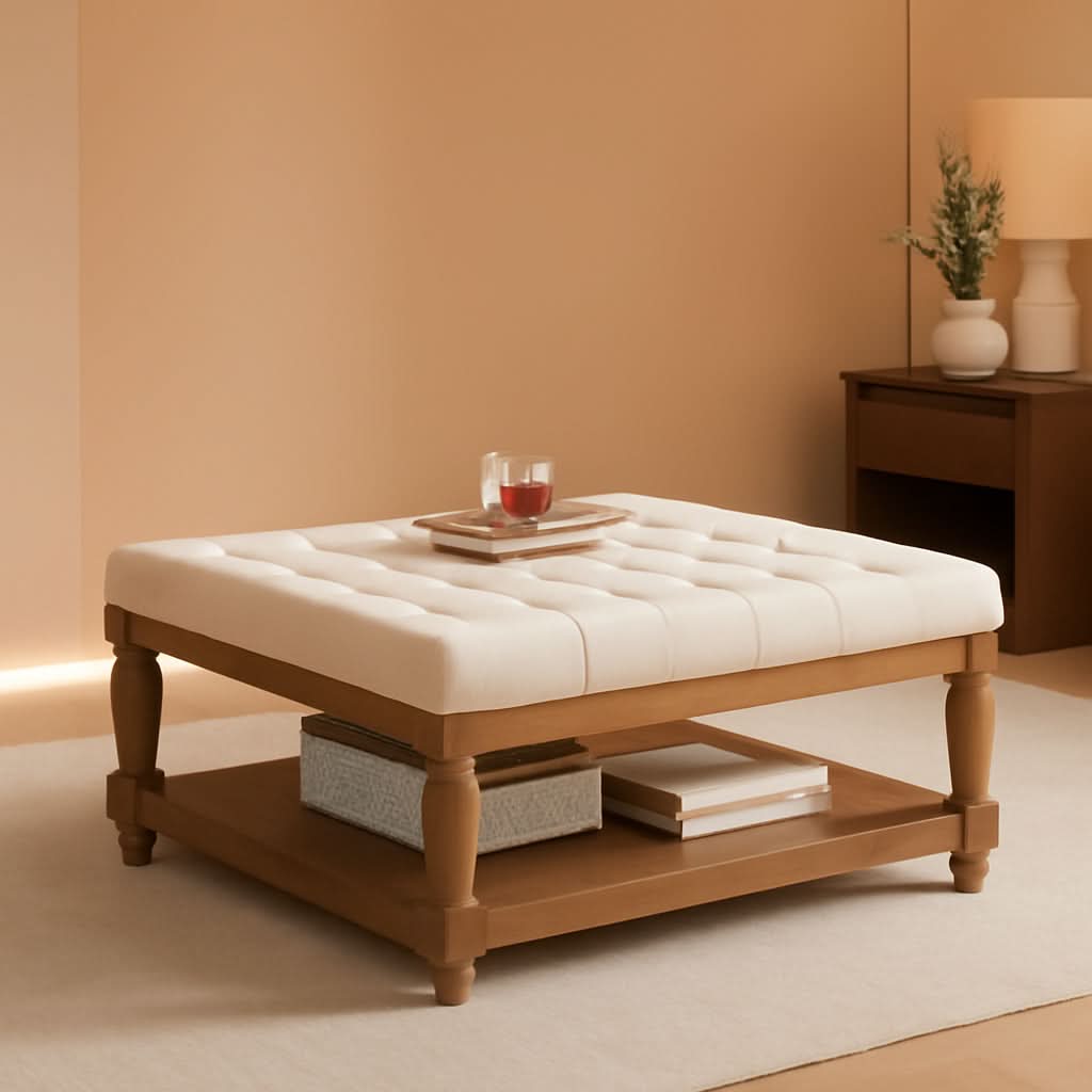 Ivory Upholstered Coffee Table With Hardwood Shelf-0