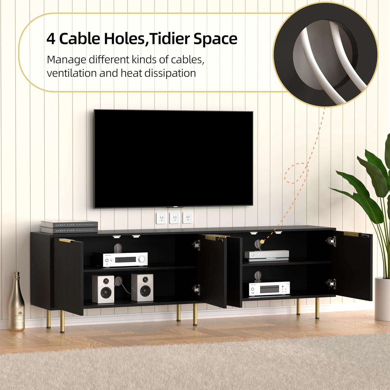 Black Fluted Mid Century Modern TV Entertainment Center With Storage-3