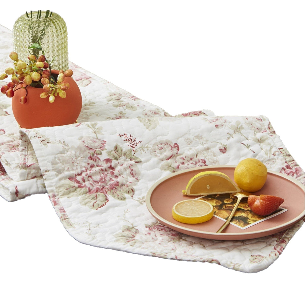 DaDa Bedding Hint of Mint Cottage Floral Roses Quilted Cotton Dining Table Runner (3036)-4