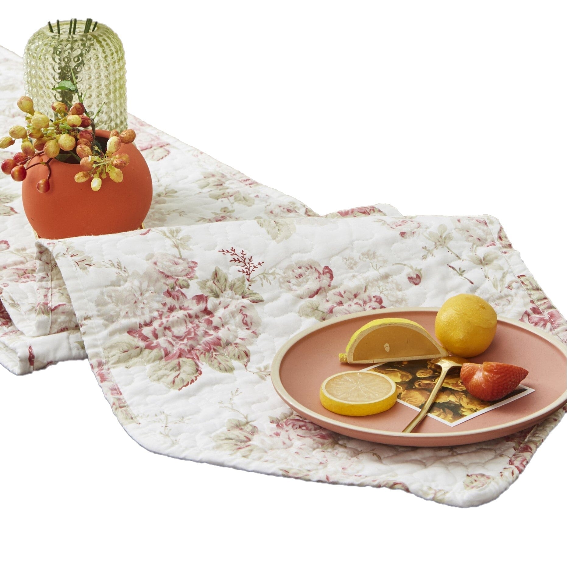 DaDa Bedding Hint of Mint Cottage Floral Roses Quilted Cotton Dining Table Runner (3036)-4
