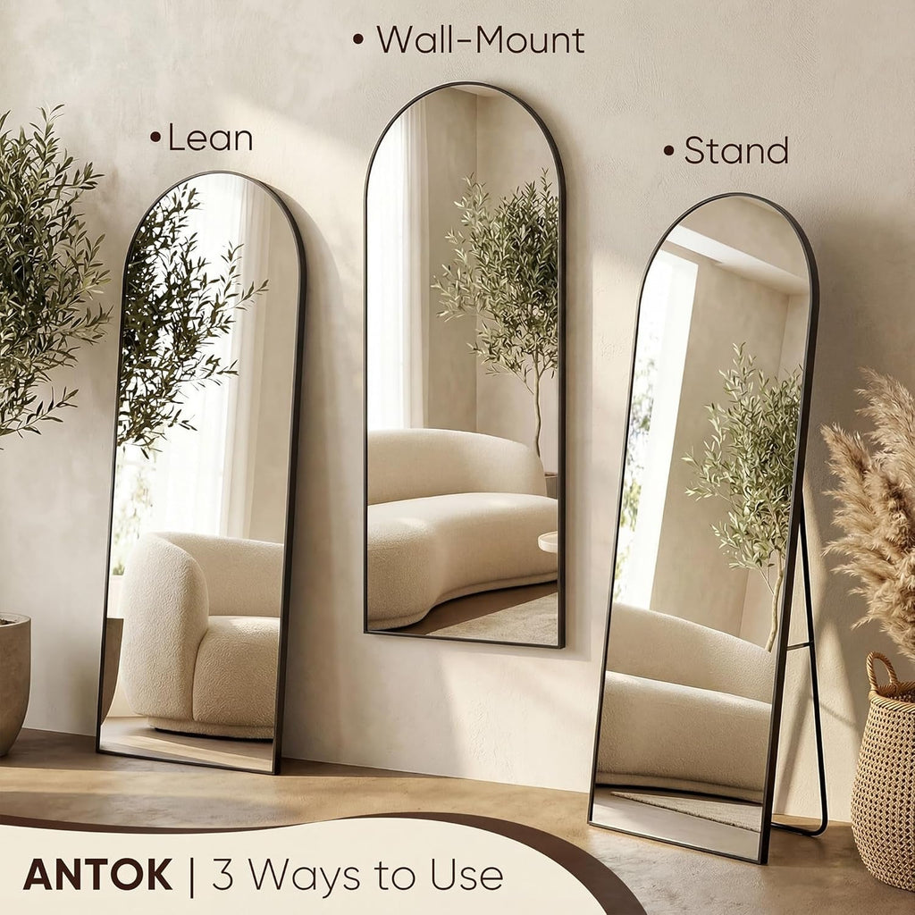 Matte Black Full Length Floor Mirror 76x34 Arched Freestanding-4