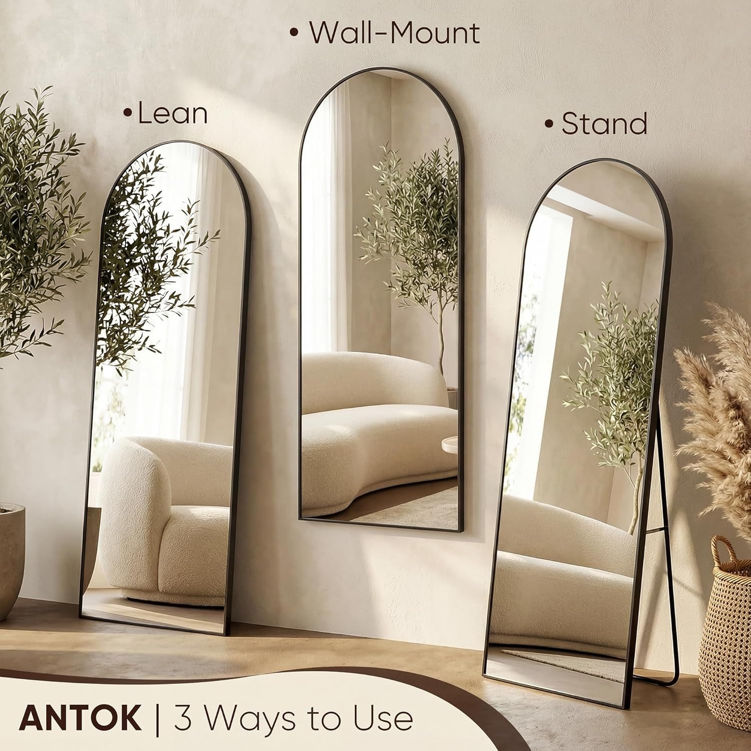 Matte Black Full Length Floor Mirror 76x34 Arched Freestanding-4