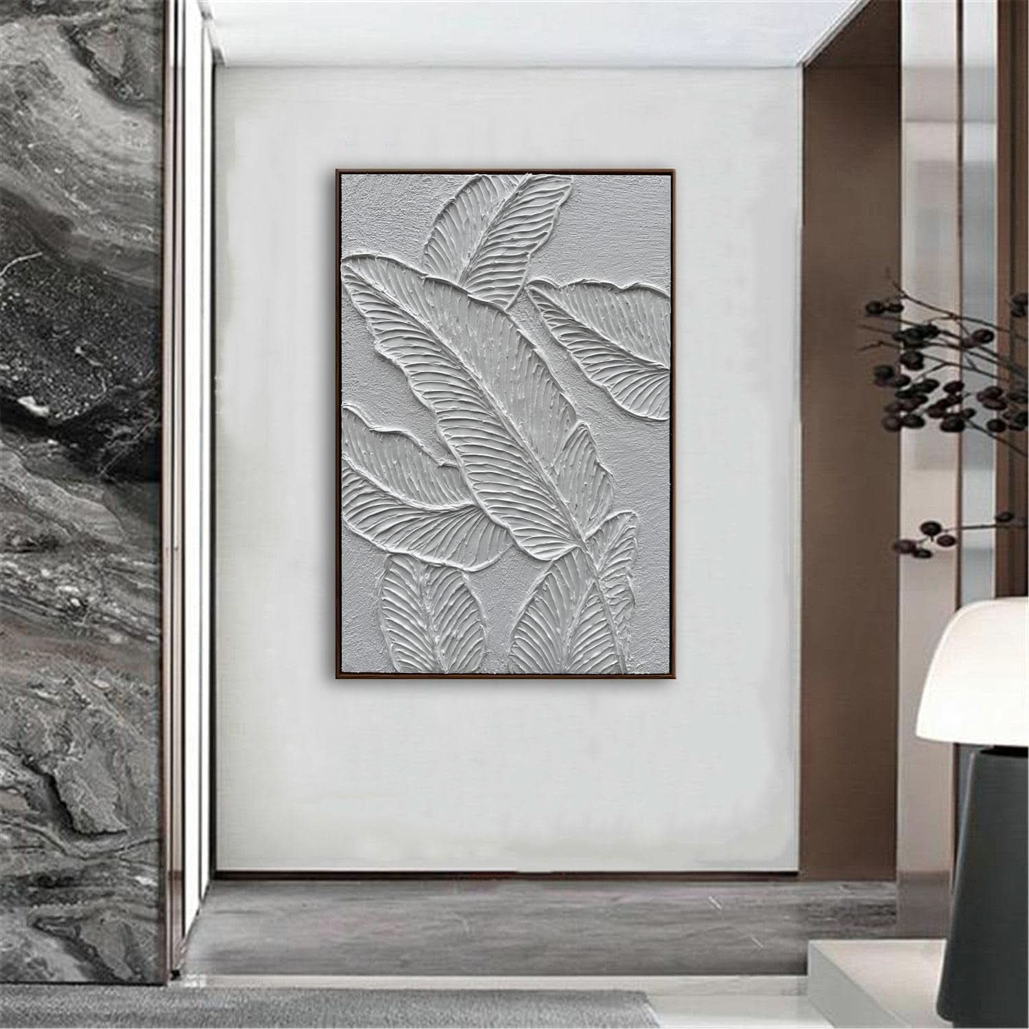 Framed White Textured Canvas WallArt 24x36 Inches Matte Sleek-1