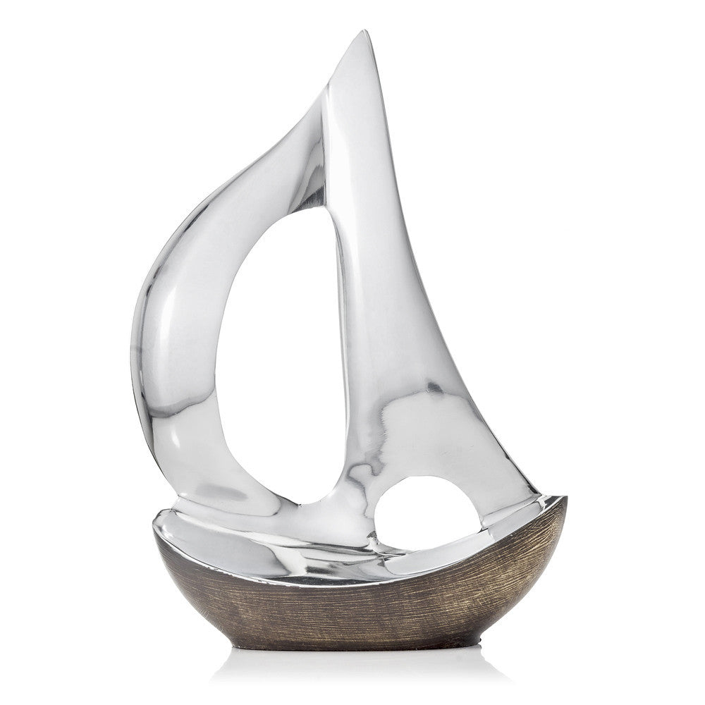 12" Brown and Silver Buffed Aluminum Sailboat Tabletop Sculpture-2