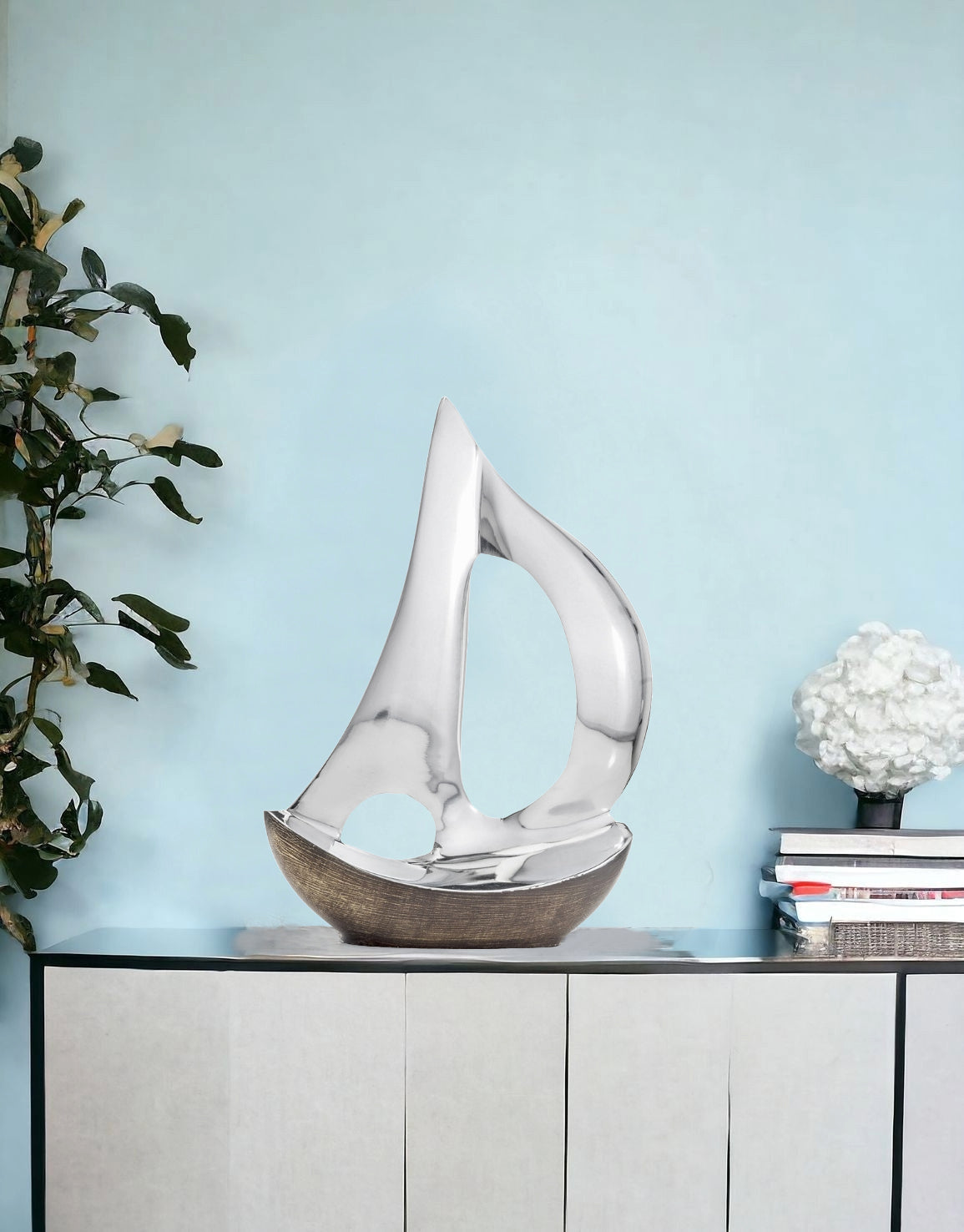 12" Brown and Silver Buffed Aluminum Sailboat Tabletop Sculpture-1