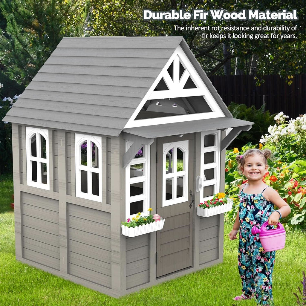 Gray Weatherproof Outdoor Wooden Playhouse With Sink-4