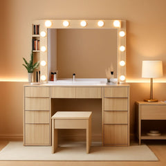 Vanity Desk With Translucent Glass Top Storage Drawers-0