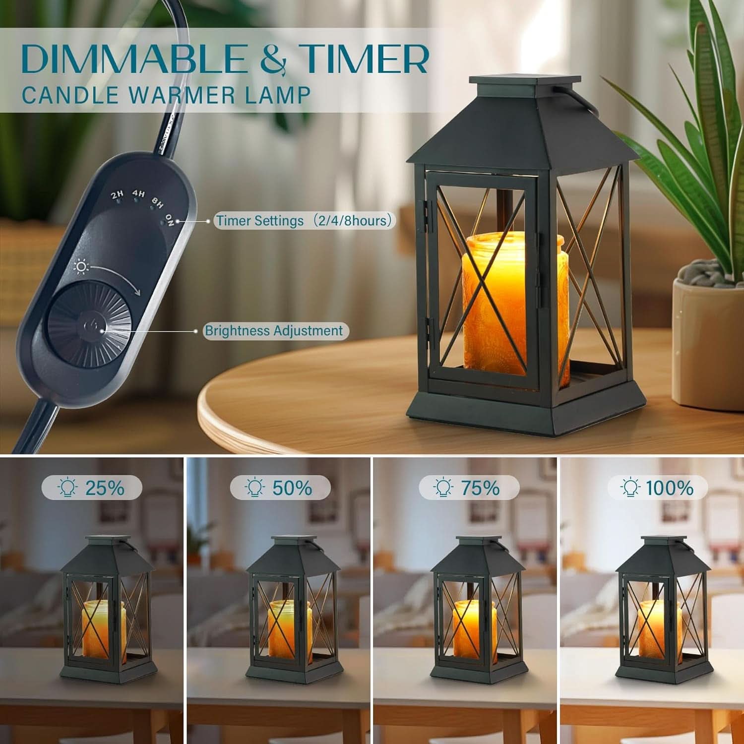 Black Dimmable Candle Warmer Lantern Featuring Timer