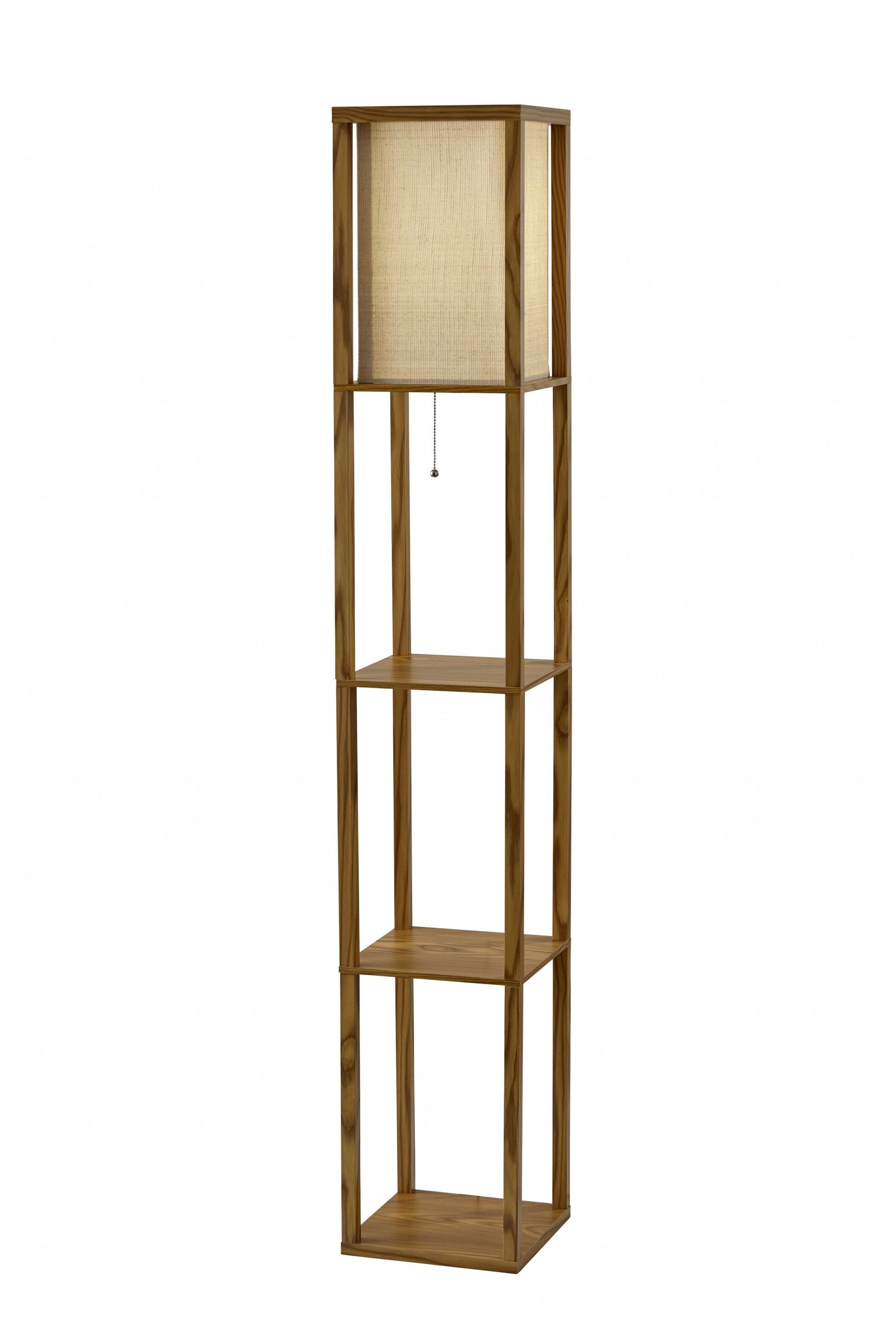 63" Natural Solid Wood Column With Brown Fabric Shade-2