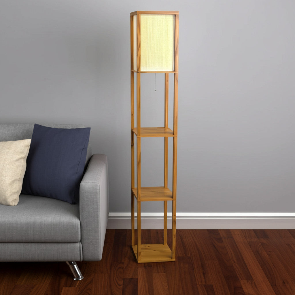 63" Natural Solid Wood Column With Brown Fabric Shade-0