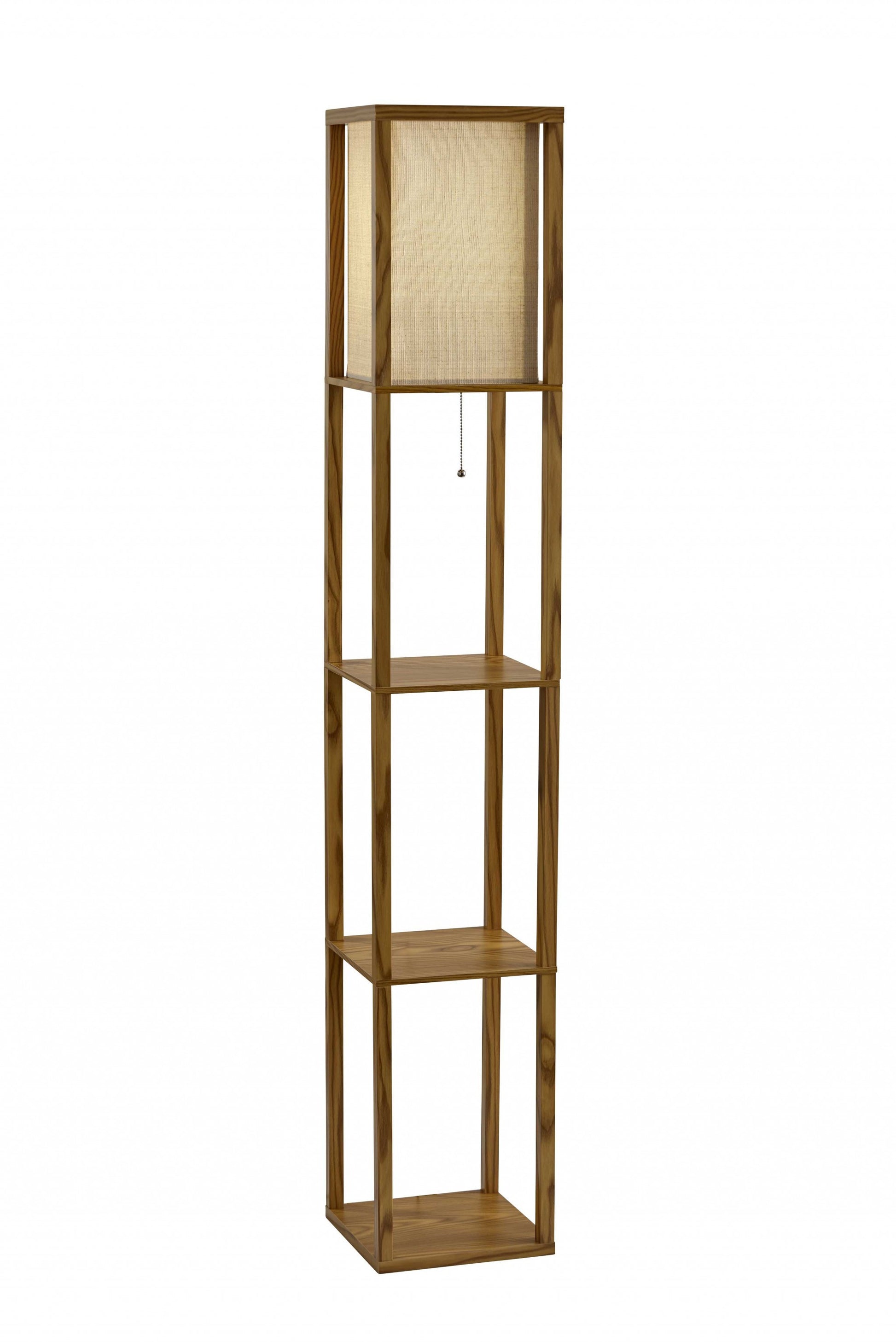 63" Natural Solid Wood Column With Brown Fabric Shade-1