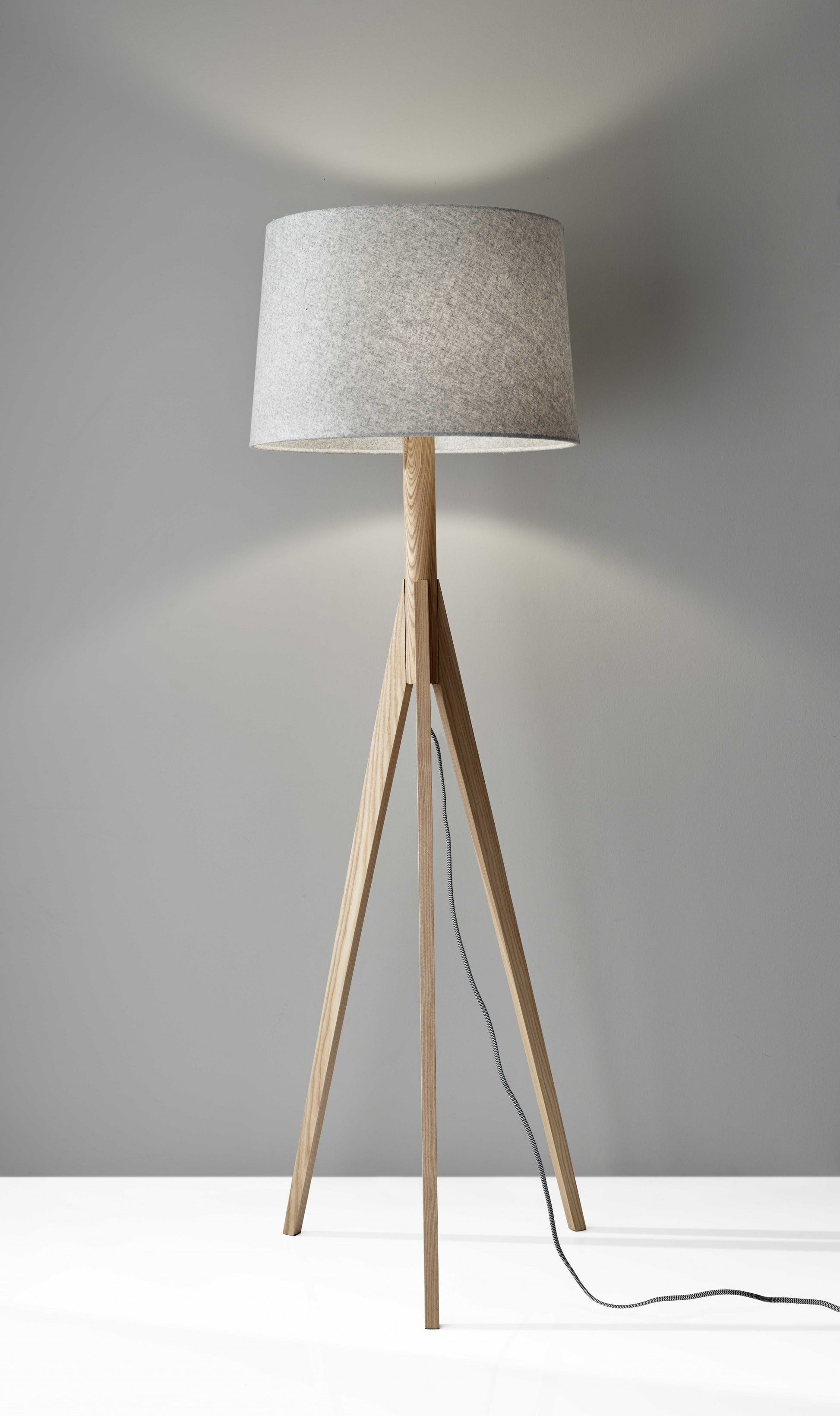 59" Natural Solid Wood Tripod Floor Lamp With Gray Fabric Empire Shade-4
