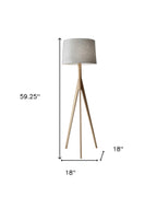 59" Natural Solid Wood Tripod Floor Lamp With Gray Fabric Empire Shade-6