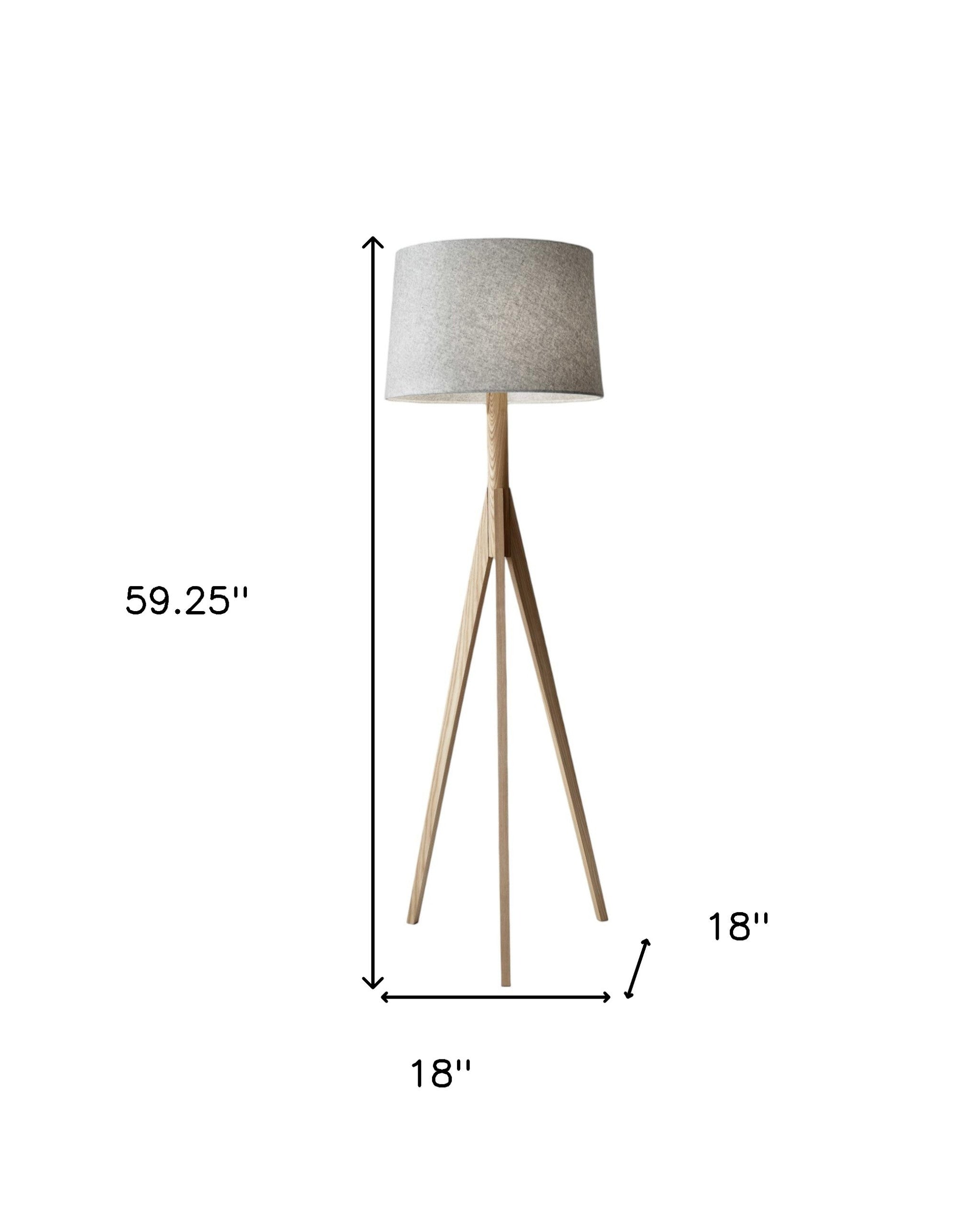 59" Natural Solid Wood Tripod Floor Lamp With Gray Fabric Empire Shade-6