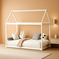 Twin House Bed Frame With Roof Canopy Montessori For Kids-0