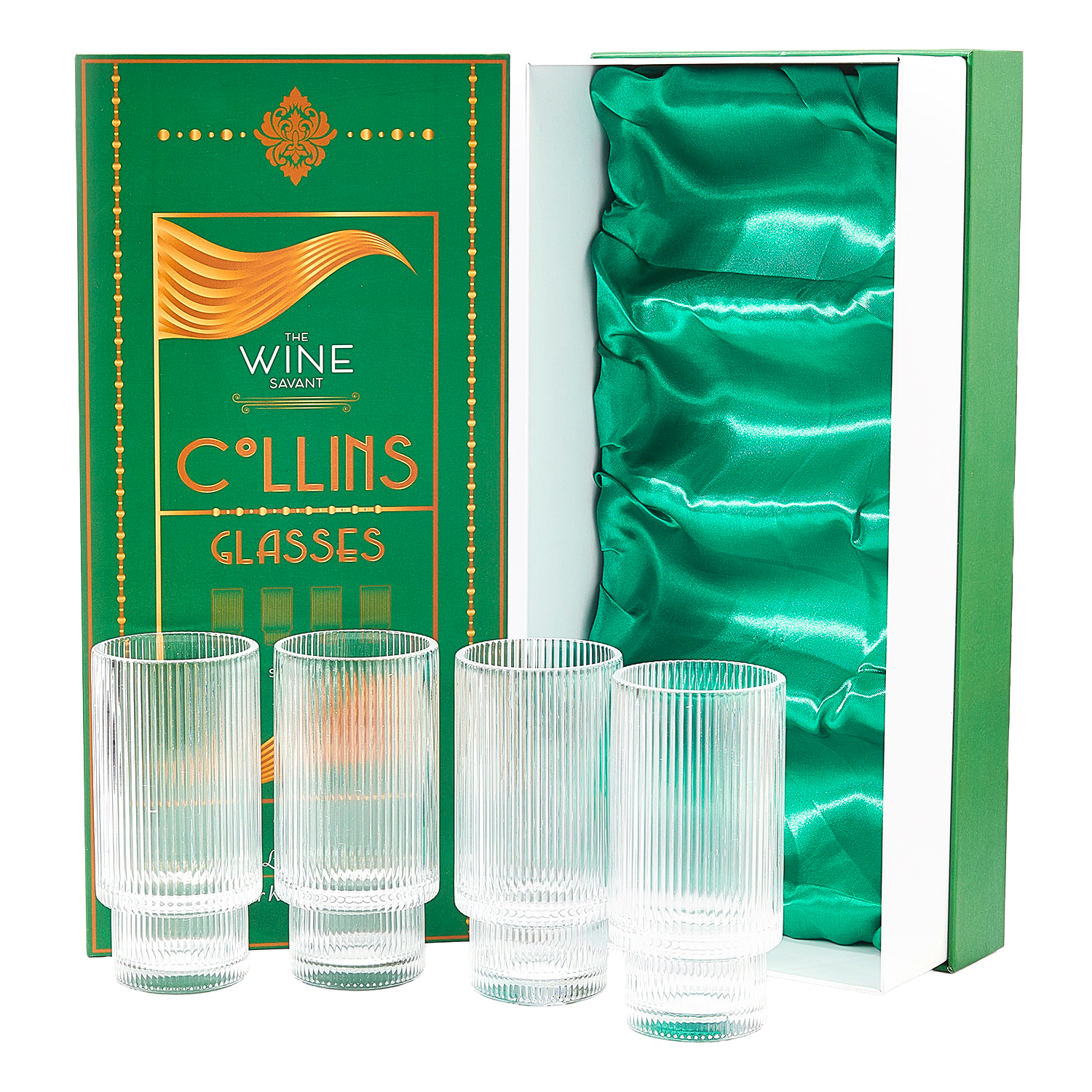 Vintage Art Deco Crystal Highball Ribbed Glass Set of 4 - 14oz-0