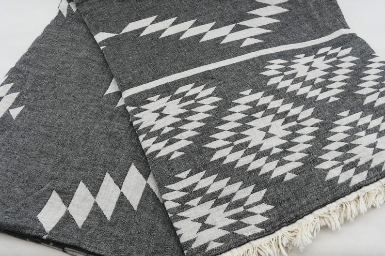 Black Aztec Turkish Towel – Lightweight Quick Dry Beach Towel, Boho Bathroom Decor, Turkish Cotton Bath Towel, Travel & Picnic Blanket-4
